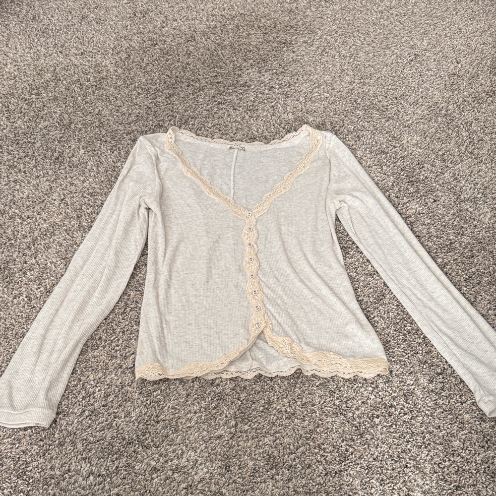 Free People Light Gray Lace-Trim Button-Front Tunic